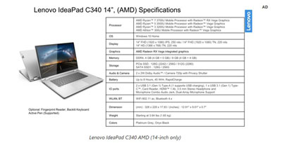 联想IdeaPad C340笔记本正式发布 搭载AMD全新移动处理器