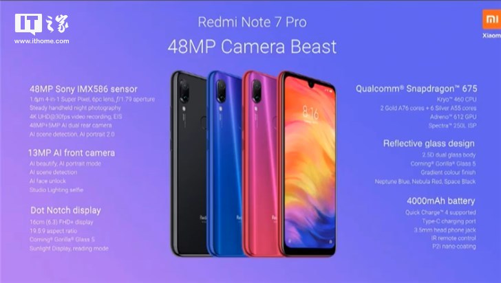 红米Redmi Note 7 Pro印度发布：索尼4800万像素镜头/骁龙675，约1315元起