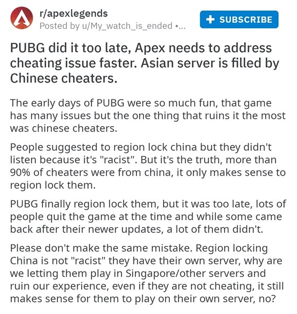 尴尬！《Apex英雄》外国玩家呼吁锁国区：因中国玩家挂太多