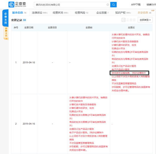 腾讯新增游戏游艺设备销售业务