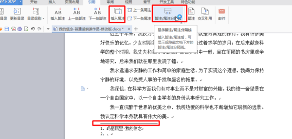 WPS文字怎么显示或隐藏脚注尾注的分隔线